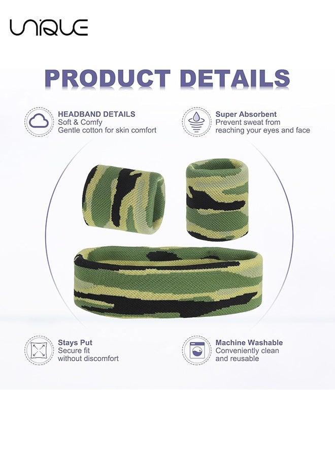 Unique 3PCS Sweat Band Set Sports Terry Cloth Headband Wristband Set Moisture Wicking Sweat Absorbing Head Band for Women Men Workout Exercise (Striped Camouflage) - Image 4